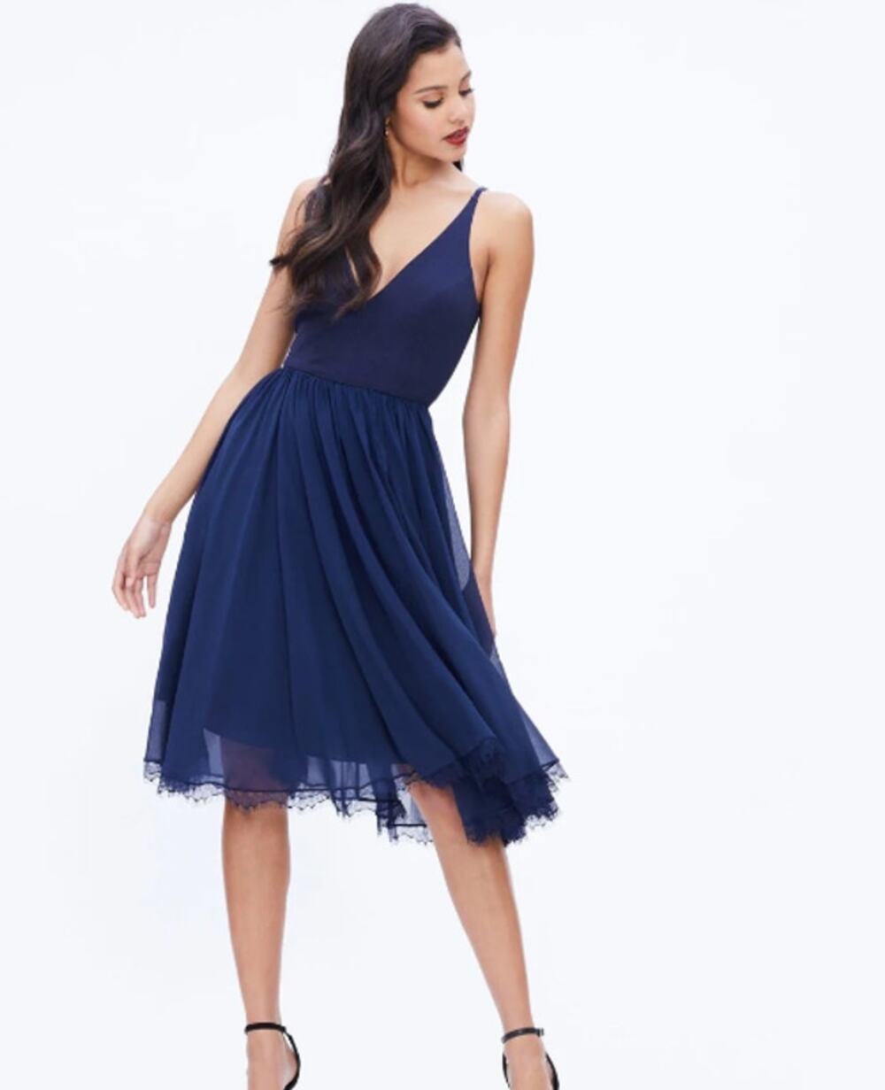 Dress the Population Alicia Mixed Media Midi Dress Navy Blue Size XS Wedding